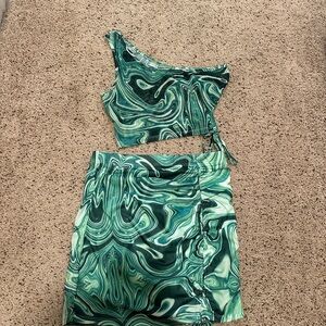 Green Swirl One-Shoulder Top and Skirt Set